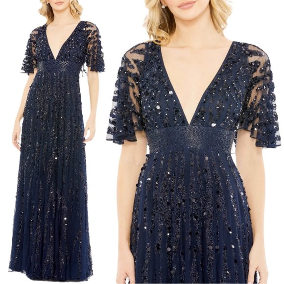 $798‎ Mac Duggal 93784 Sizie 16 Blue Embellished V-Neck Column Gown Maxi Dress - Picture 1 of 4